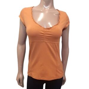 3/$20 Liz & Co Cap Sleeve Tshirt Ruffled Vneck Shirred Empire Waist Top Pumpkin
